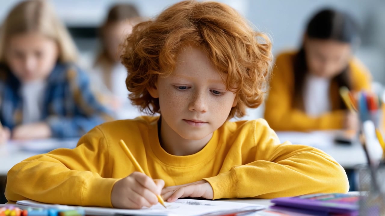 Un Giovane Ragazzo Concentrato sul Disegno Durante un'Attività in Classe, Mettendo in Mostra Creatività e Coinvolgimento in un Ambiente Educativo Pieno di Compagni di Classe