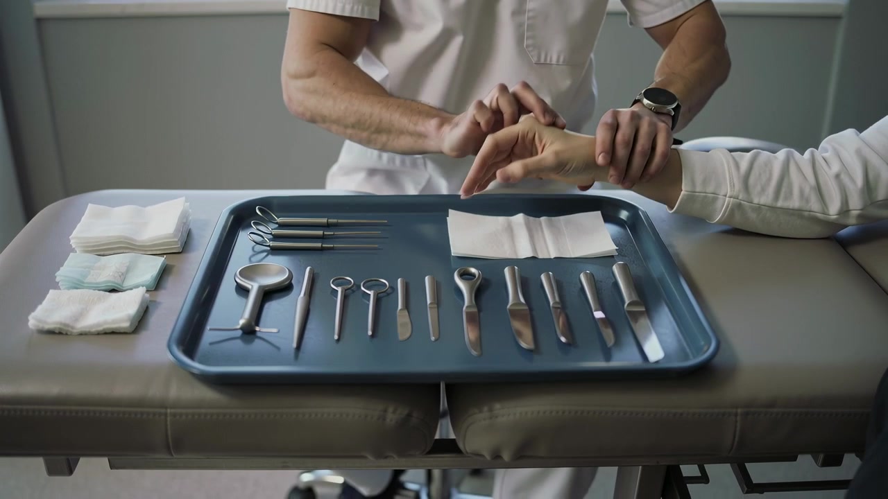Finalizando a montagem da bandeja, clínico de uniforme branco segurando o braço do paciente na mesa de exame, preparando o exame