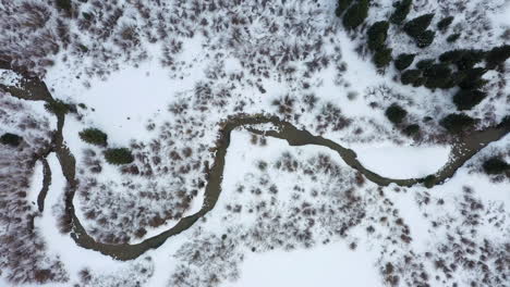 Río-De-Montaña-Que-Fluye-A-Través-Del-área-Forestal-Cubierta-De-Nieve,-Vista-Aérea-De-Arriba-Hacia-Abajo