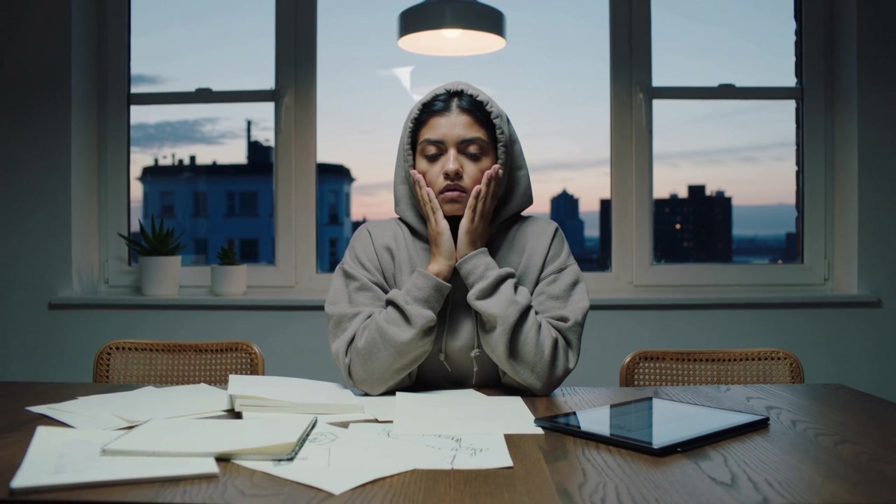 Leaning woman in hoodie covering face amid papers, tablet at dining table, adjusting hood preparing
