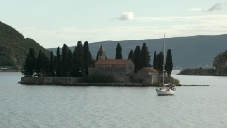 island church with yacht