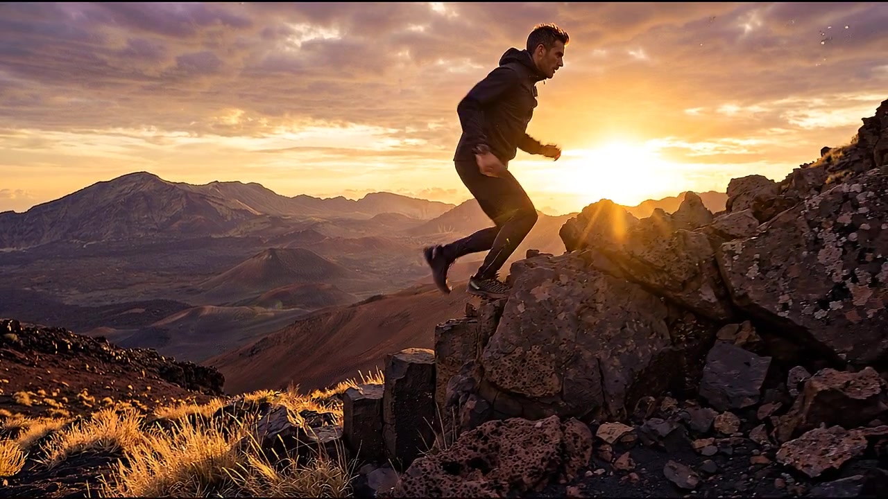 Corridore che scala una ripida collina all'alba, mostrando resistenza e forma fisica all'aperto