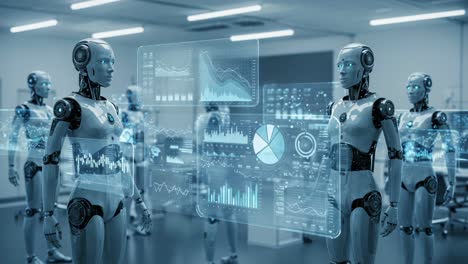 a showcase of advanced robotics and data visualization: exploring human-like robots interacting with high-tech graphical displays in a futuristic laboratory setting