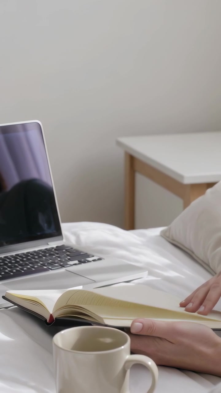 Vertical video: Checking laptop reclining woman turning notebook pages on bed studying with mug
