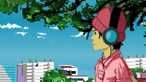 video de animación de la vista lateral de un niño con auriculares mirando a lo lejos y disfrutando de la música