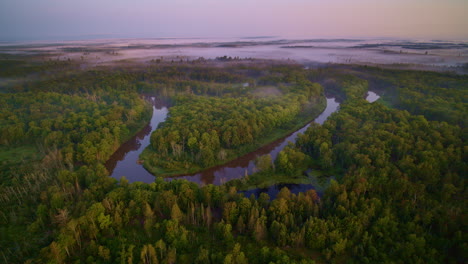 drone footage showing the manistee river twisting and turning while running wild through forest in northern michigan
