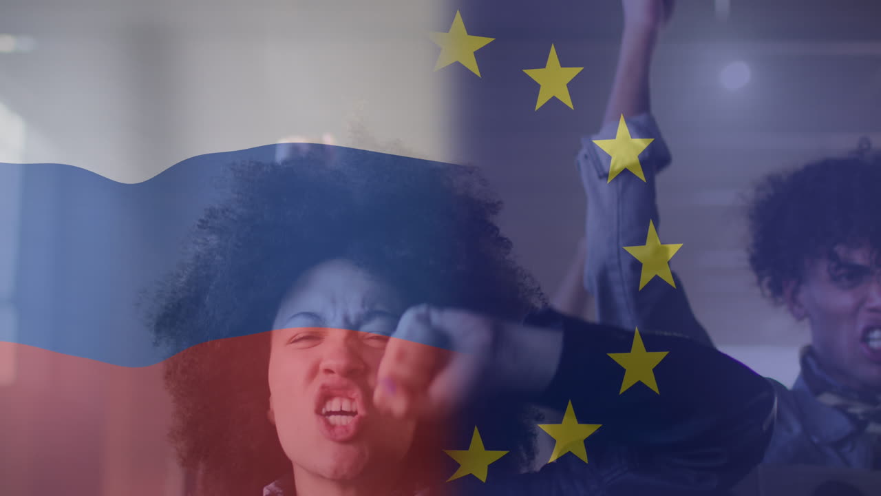 animación de la bandera de rusia y la unión europea sobre las manifestantes afroamericanas femeninas y masculinas