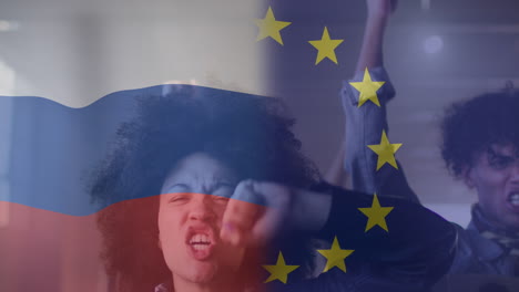 animation of flag of russia and european union over african american female and male protesters