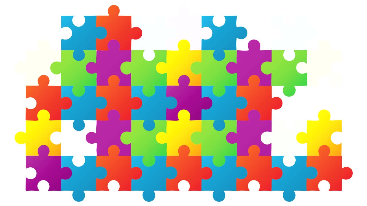 ⁇ 색 배경 에 맞춰 직사각형 모양 을 형성 하는 퍼즐 요소 들 과 함께 디지털 로 생성 된 비디오