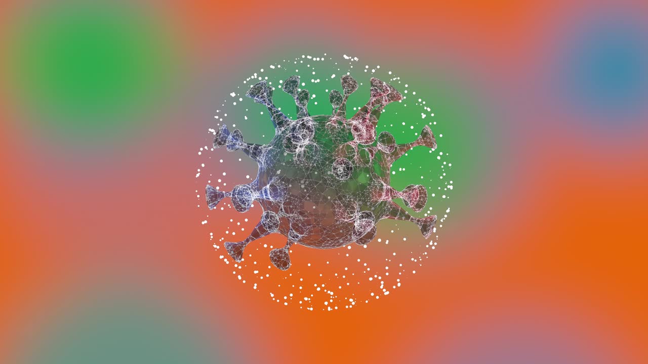 brote patógeno de virus. peligrosa célula iluminadora girando dentro de un globo de partículas de luz sobre un fondo colorido.