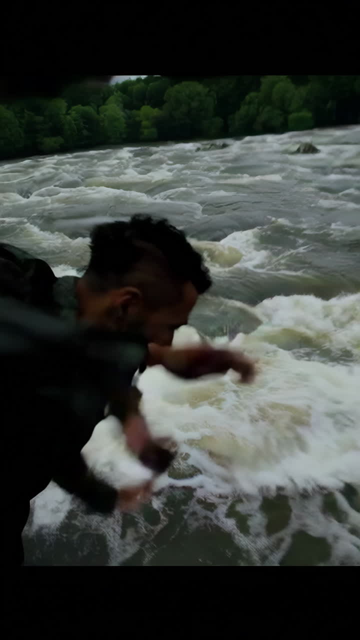 People walking on a dangerous bridge during a storm over a raging river