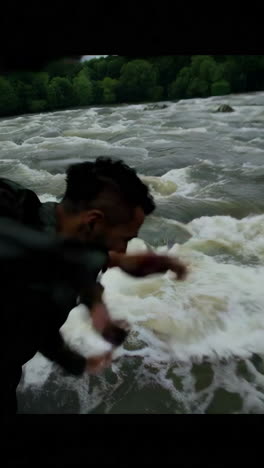 people walking on a dangerous bridge during a storm over a raging river