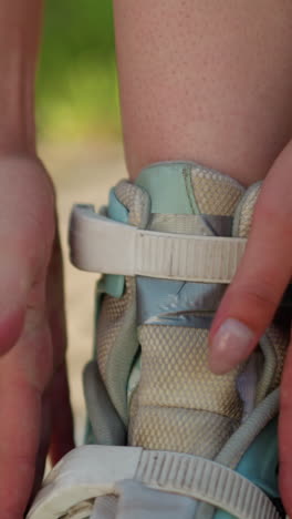 primer plano de las manos ajustando la correa en el zapato de patinaje sobre ruedas bajo la luz del sol cálida, los dedos apretando la corra para un ajuste seguro, mostrando el enfoque en los detalles y la precisión mientras se prepara para patinar al aire libre
