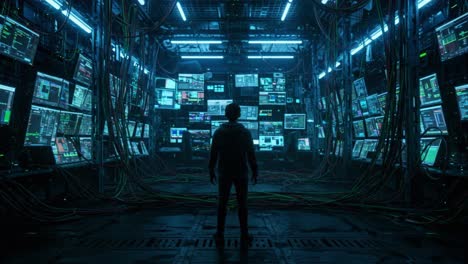 exploration of a high-tech control room filled with monitors and intricate wiring during nighttime hours
