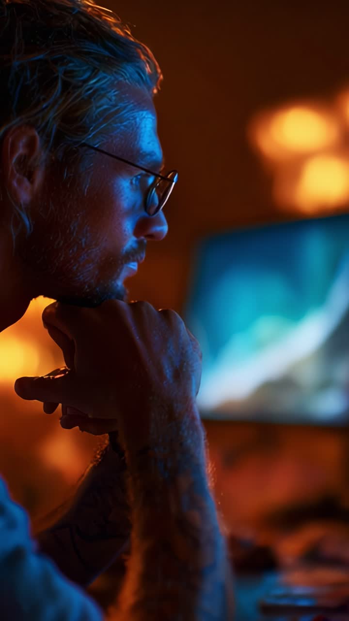 Concentrated individual gazes at a screen, embodying focus and creativity in a dimly lit, atmospheric environment with warm, glowing hues and stylish aesthetics