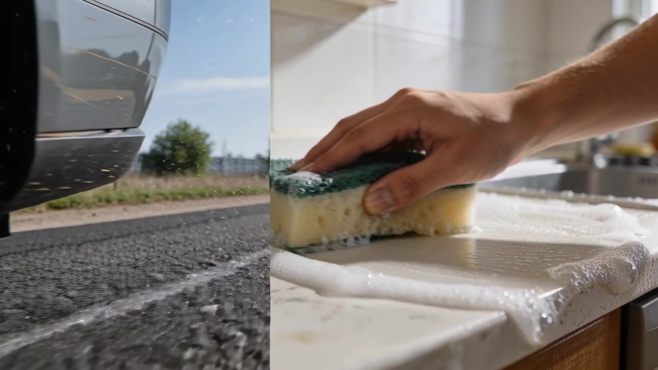 Accelerating car wheel spraying water on road, hand pressing green sponge scrubbing kitchen counter