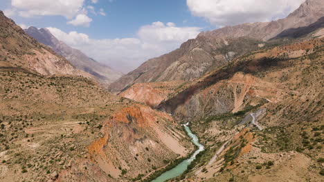 Iskanderkul-Lake-And-Scenic-Mountains-In-Tajikistan---aerial-drone-shot