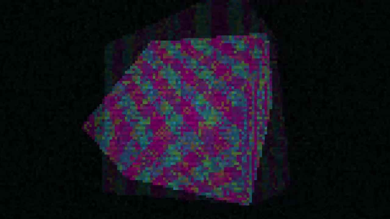 Abstract Pixelated Glitch Pattern Rotating on Black Background