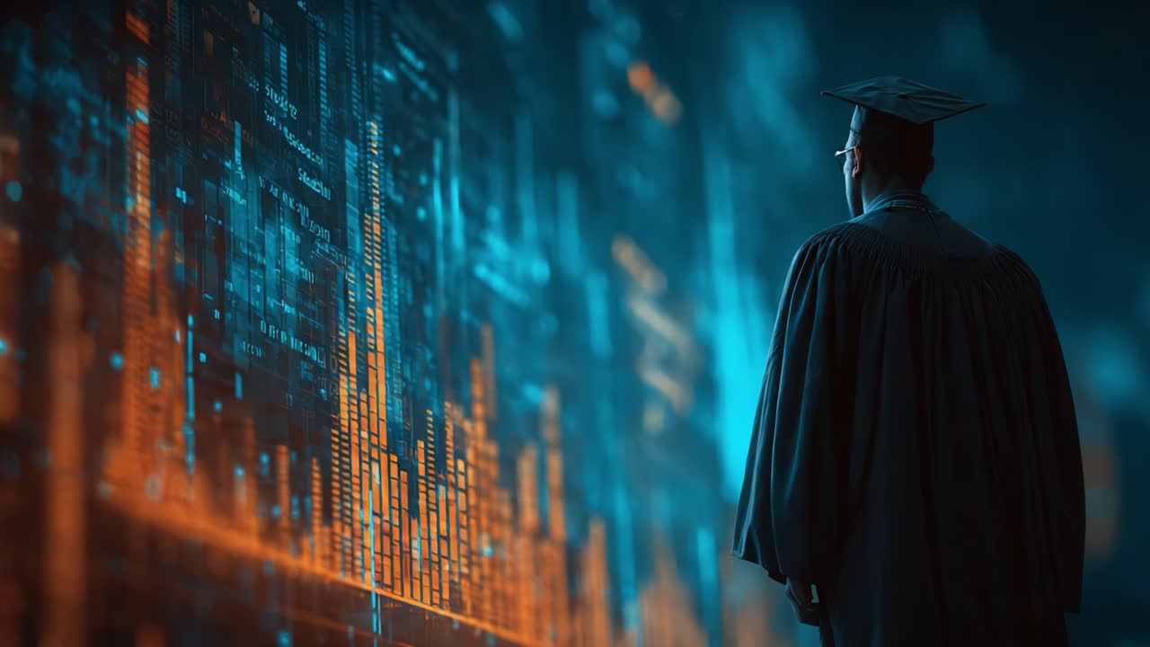 A graduate stands in contemplation before a vibrant display of digital graphs and data visualizations, symbolizing the fusion of education and technology in modern academia