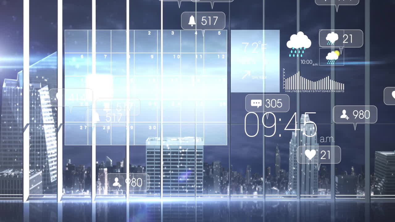 City skyline with digital animation showing weather, notifications, and messages