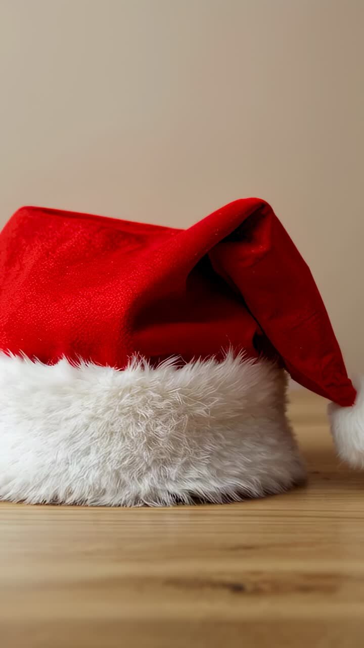 Vertical video: Lens zooming toward red Santa hat on oak table revealing fur trim and pompom