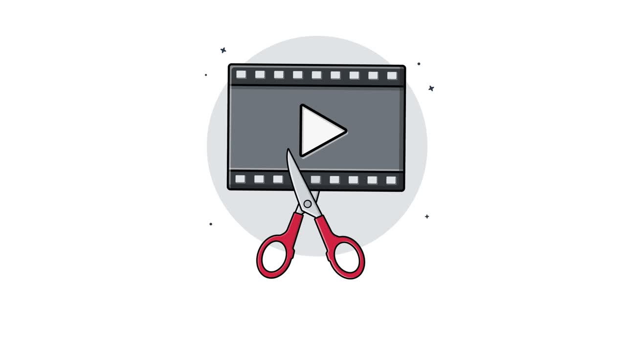 Animowana ilustracja przedstawiająca nożyczki przecinające taśmę filmową