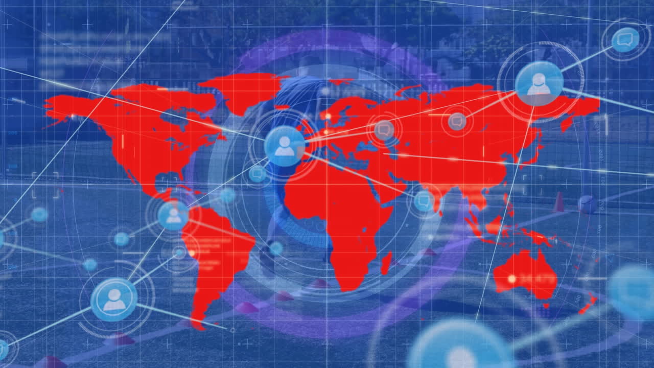 анимация сети связей и карты мира над кавказским футболистом