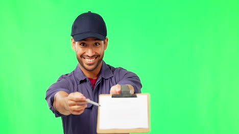 Delivery-man,-clipboard-and-signature-on-green