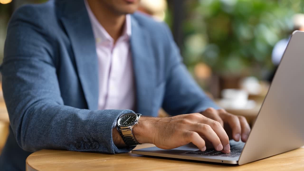 Focused man works on laptop with raised fist. He wears a blazer and watch. The scene hints at success or effort. Perfect for business, finance, or digital themes. No animals or plants visible