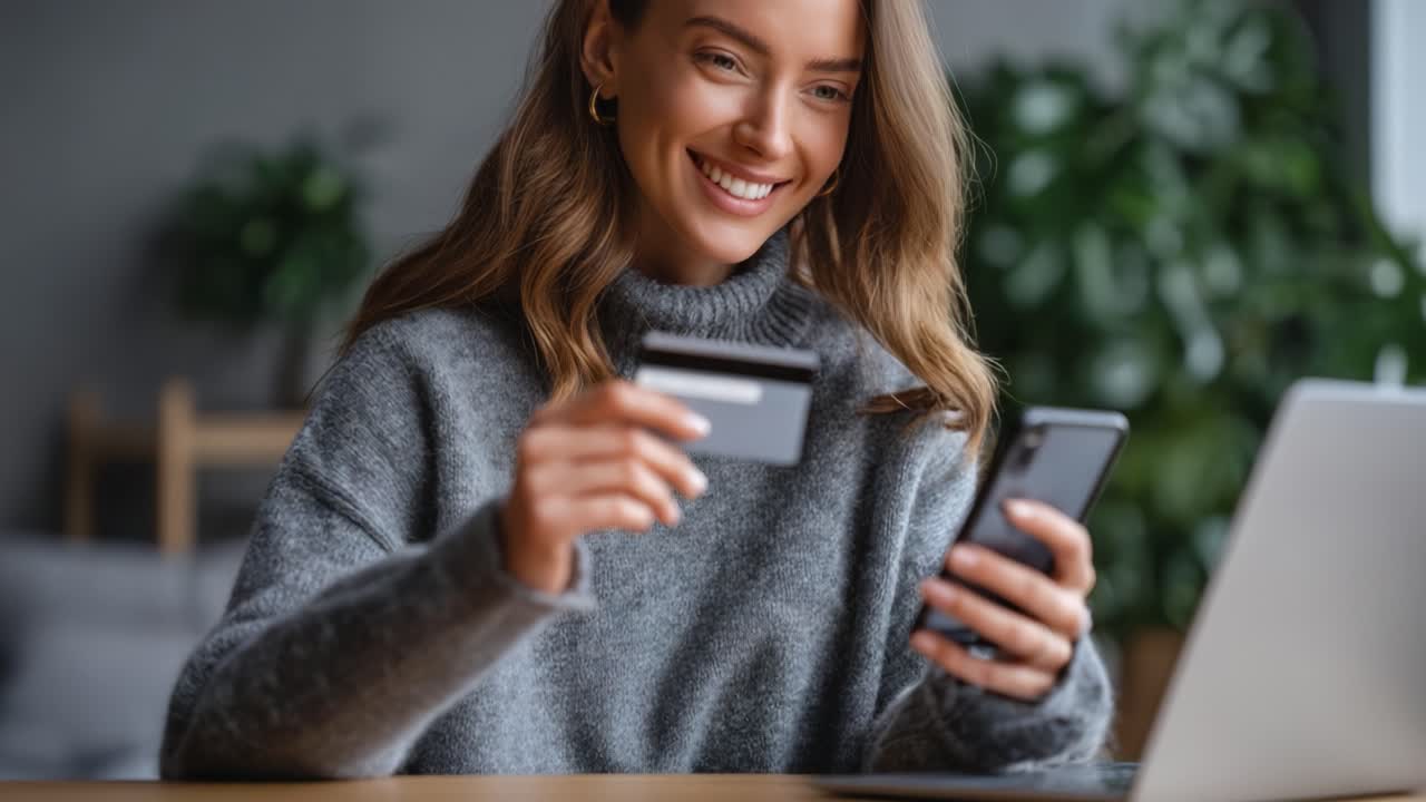 A Young Woman Enjoying Online Shopping While Holding a Credit Card and Using Her Smartphone, Capturing the Joy of Digital Transactions at Home