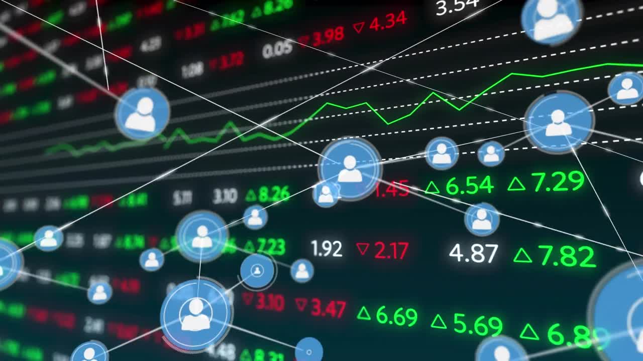 검은색 배경에 대한 주식 시장 데이터 처리에 대한 프로필 아이콘 네트워크의 애니메이션