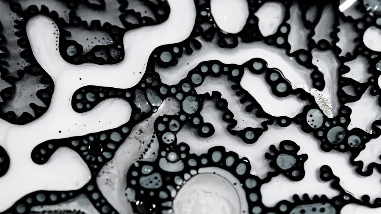 Abstract macro shot of black and white liquid patterns forming organic shapes and bubbles
