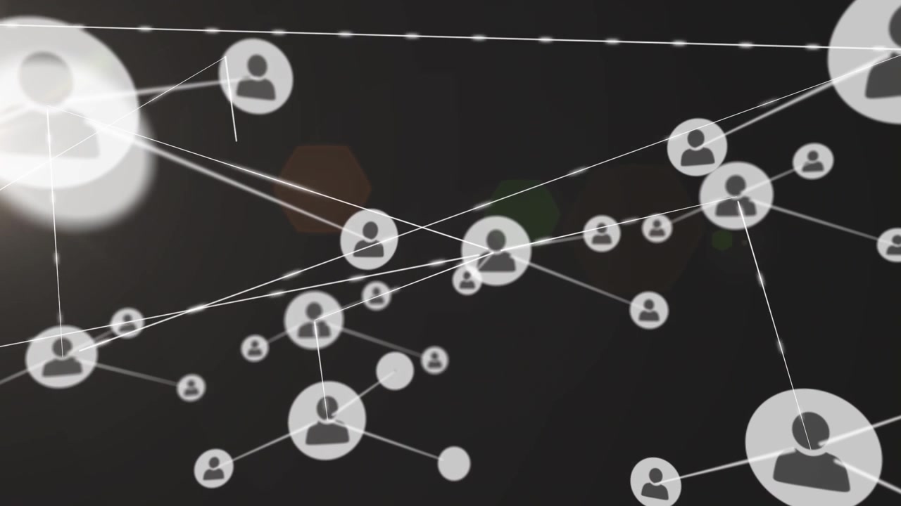 Animation of network of connections with icons over light spots on black background