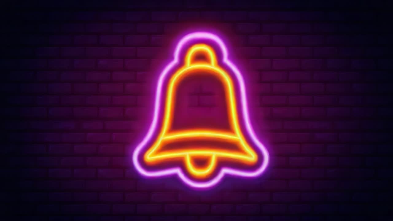 Bright Neon Bell Sign Against a Dark Background, Vibrantly Illuminated in Purple and Orange Hues, Perfect for Capturing Attention and Enhancing Visual Impact