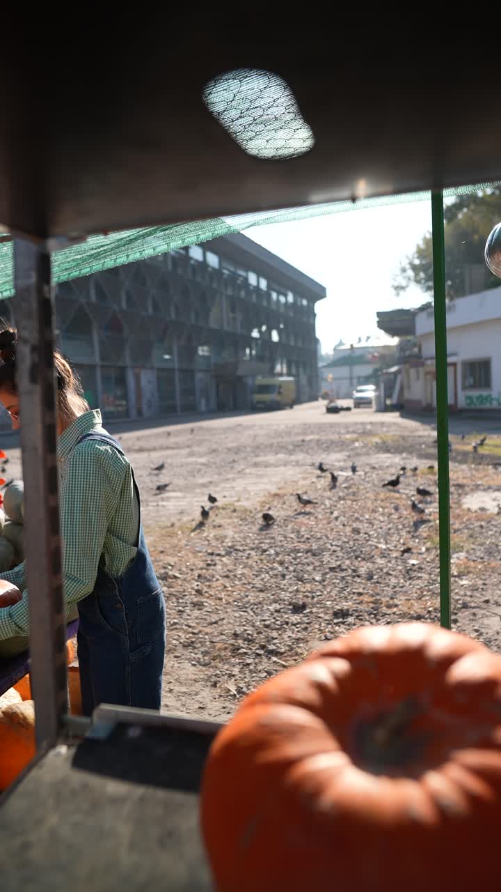mujer vendiendo calabazas en un mercado