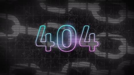 animación de 404 texto de neón sobre cadenas digitales