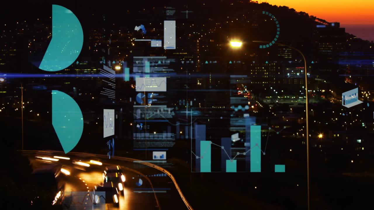 Animation of statistical data processing against aerial view of city traffic at night