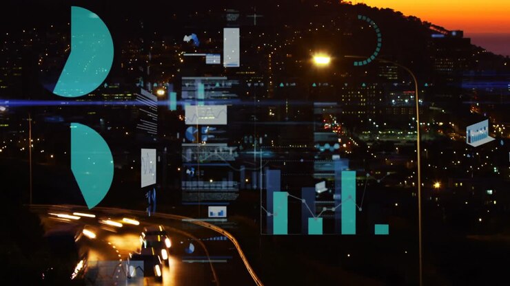 Animazione dell'elaborazione di dati statistici su una vista aerea del traffico cittadino di notte