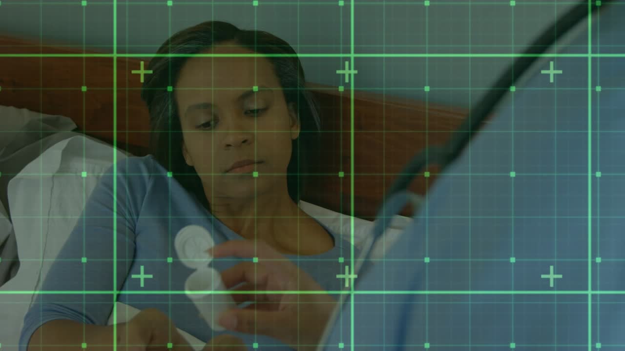 Animazione di elaborazione dati sovrapposta a una chirurga afroamericana che utilizza un tablet.