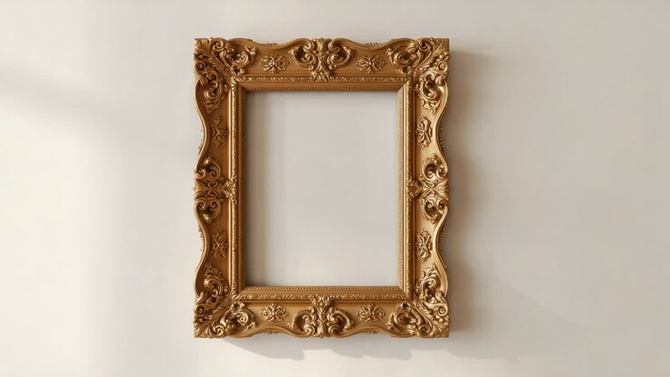 Zooming camera moving ornate gilded frame closer on cream wall, revealing carved details