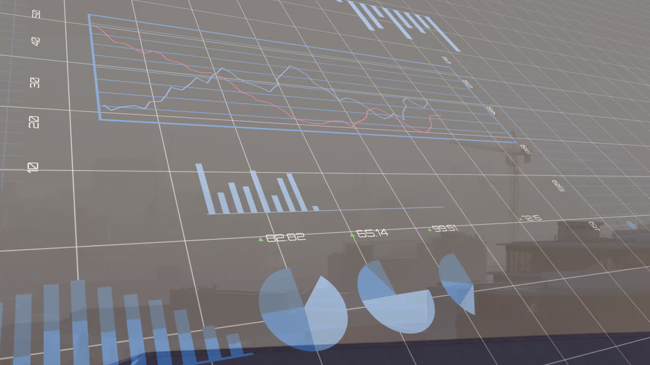 animación del procesamiento de datos financieros sobre el paisaje urbano