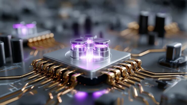 Close-up View of a Futuristic Microprocessor Highlighting Complex Circuitry and Illuminated Transistors in a High-Tech Environment, Showcasing Advanced Computational Components for Modern Electronics