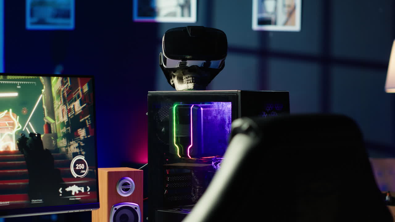 computadora con hardware moderno, monitor y gafas de realidad virtual