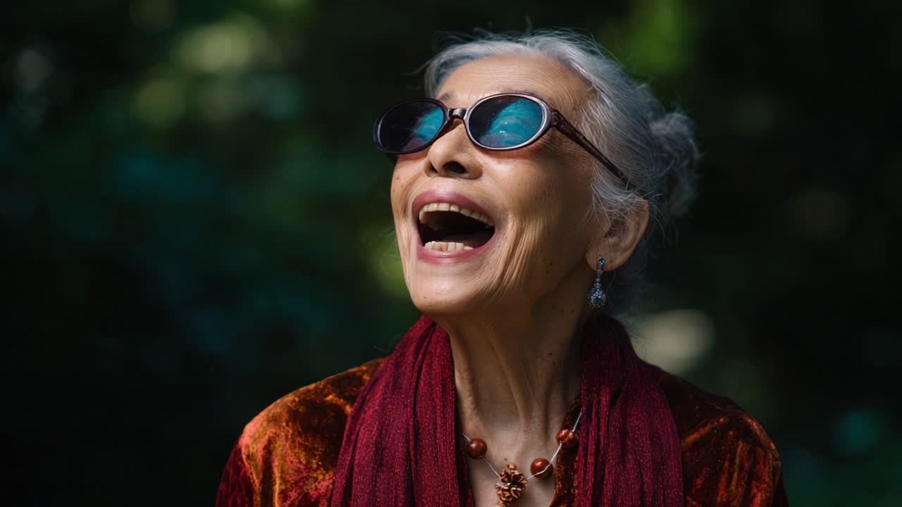 Joyful Elderly Woman with Sunglasses and Accessories Embraces the Beauty of Nature, Smiling Radiantly in a Lush Green Setting Filled with Sunshine