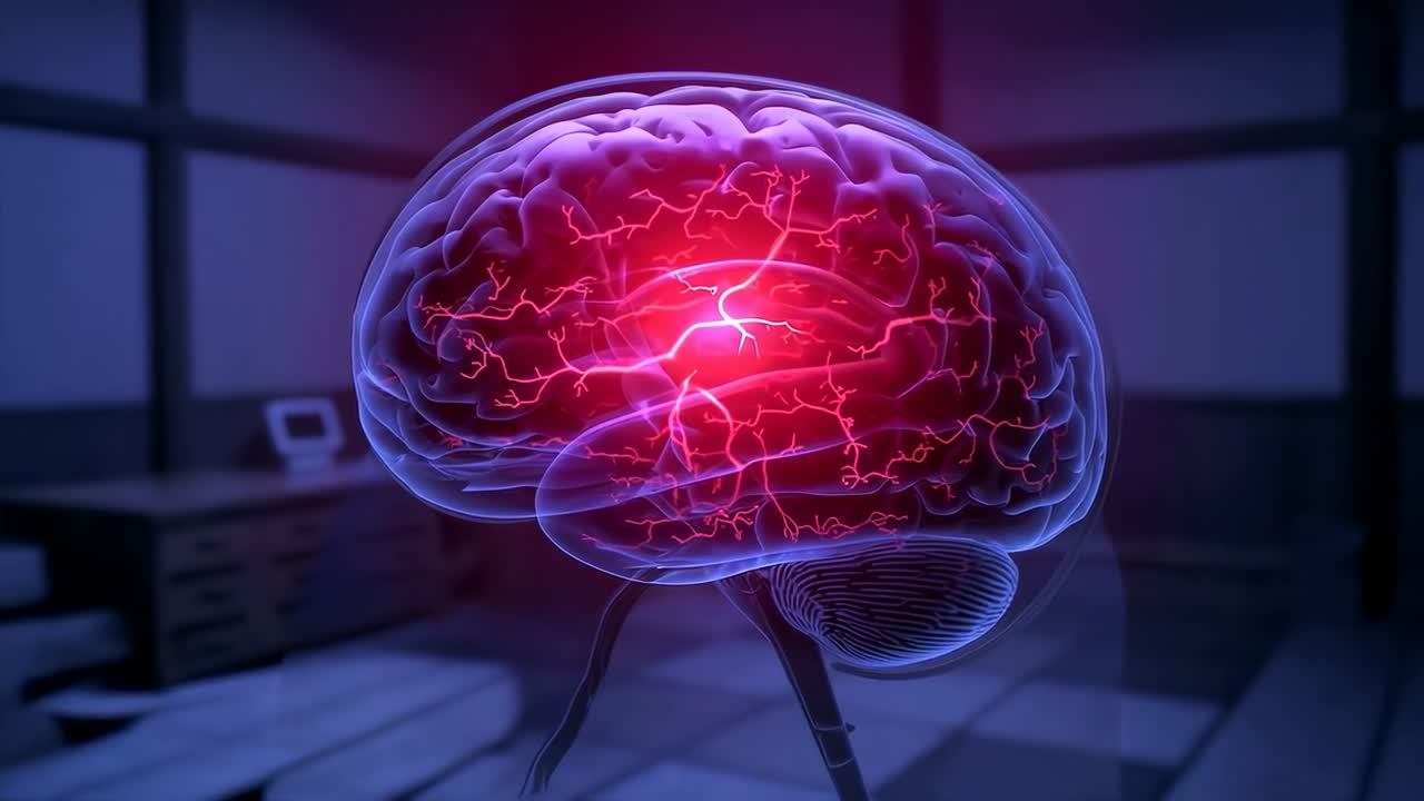 Pulsing red core sparking hologram brain floating in dim clinic, with glowing neural paths and desk