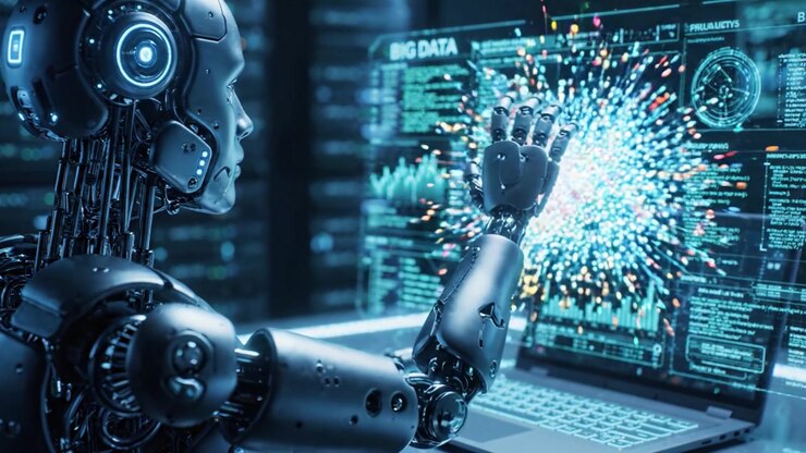 A Futuristic Robot Analyzing Complex Data Patterns and Visualizations on a Laptop in a High-Tech Virtual Environment, Showcasing Advanced Technology and Artificial Intelligence