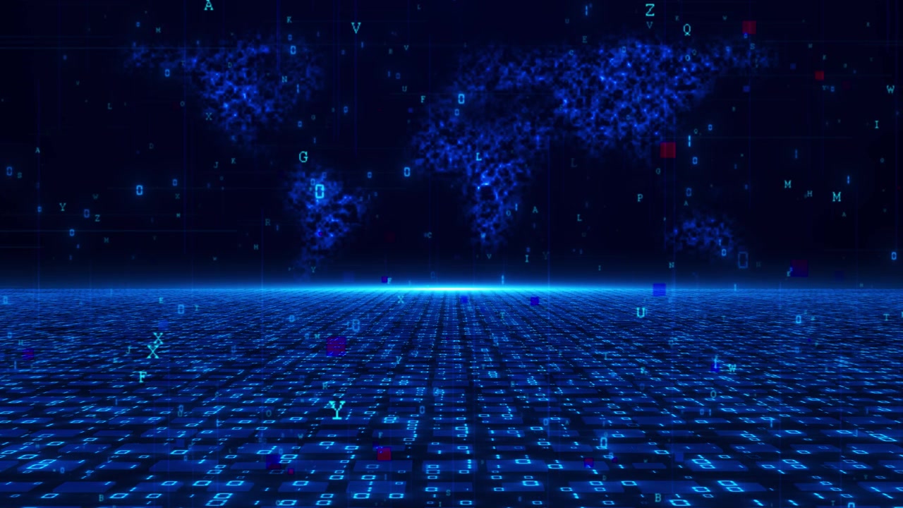 Futuristic data map floor visual with blue glowing tiles scattered code letters and world network