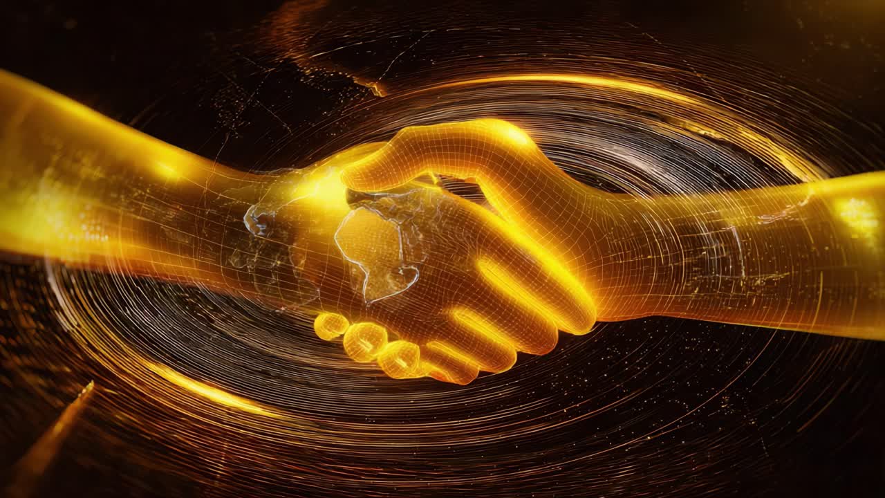 Mani luminose con wireframe dorato che si stringono su uno sfondo scuro con una sovrapposizione di una mappa del mondo, a simboleggiare una partnership internazionale, un accordo di successo e una collaborazione aziendale globale futuristica