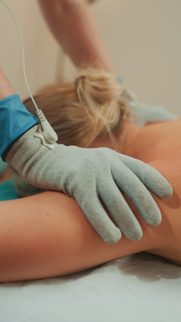 massaggio microcorrente con guanto grandangolare sulla schiena di una donna bianca, terapista che indossa un polsino blu e un guanto conduttivo applica pressione con un elettrodo cablato, cavo visibile e cavo del dispositivo, clinica professionale
