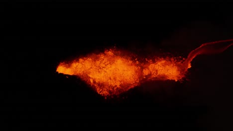 orange lava spewing from volcano litli hrutur crater at night, top down